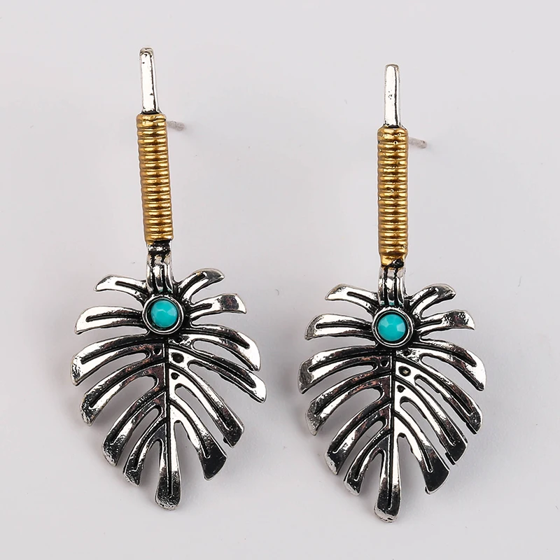 

925 Silver Plated Round Turquoise Plantain Leaf Earrings Bohemian Style Banana Leaves Earrings