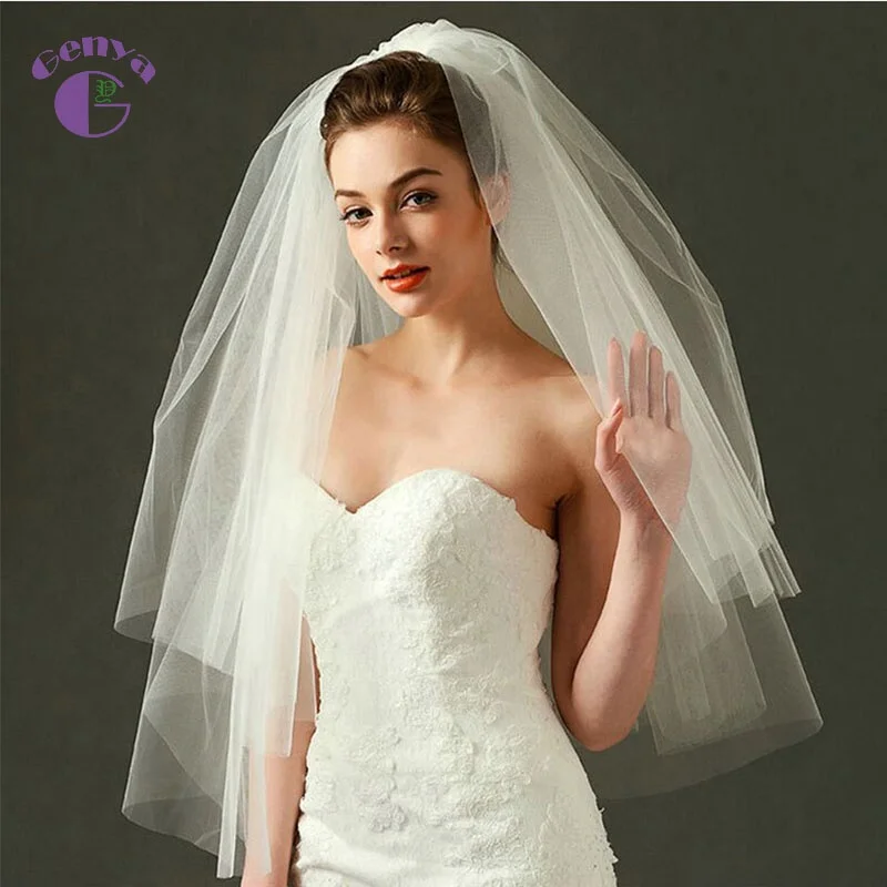 

GENYA Simple Double Layers Tulle Flower Short Wedding Veils with Comb Korean 60cm Shoulder Length Bridal Veils for Women, White ivory