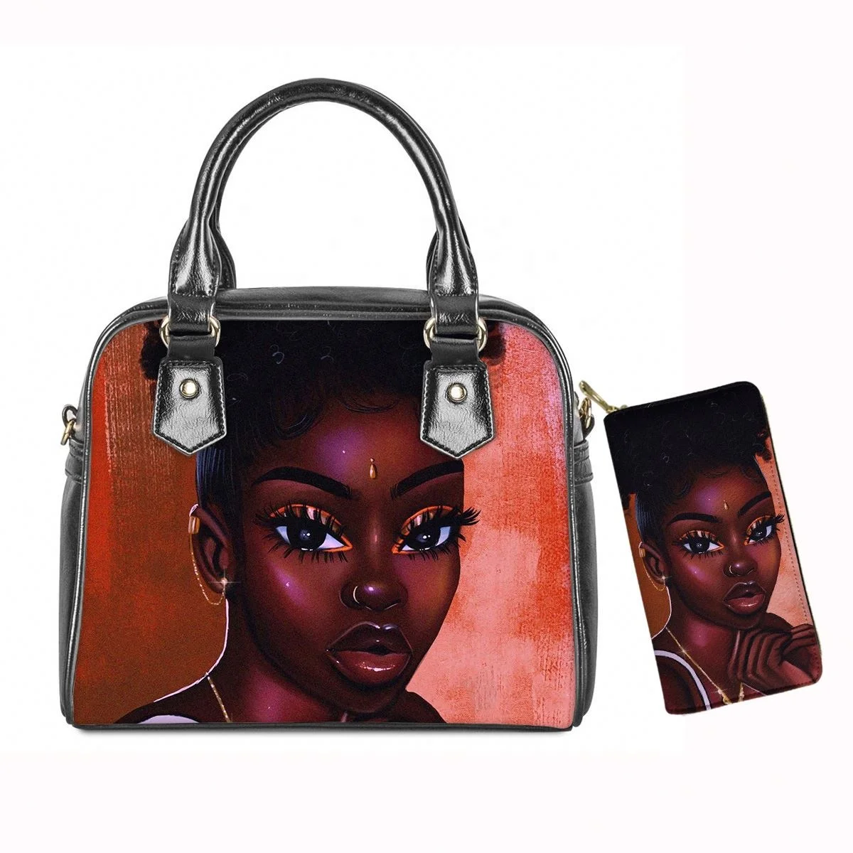 

New 2 PCS Handbag And Zipper Purse Set 2021 Trending Design Black Art African Girls Printed Luxary Cheap Handbags From China