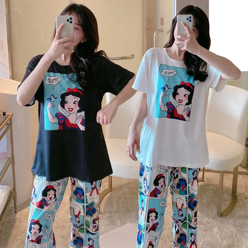 

Cotton Short Sleeve Custom Print Cartoon 2 Piece Set Sleepwear Women Pajamas
