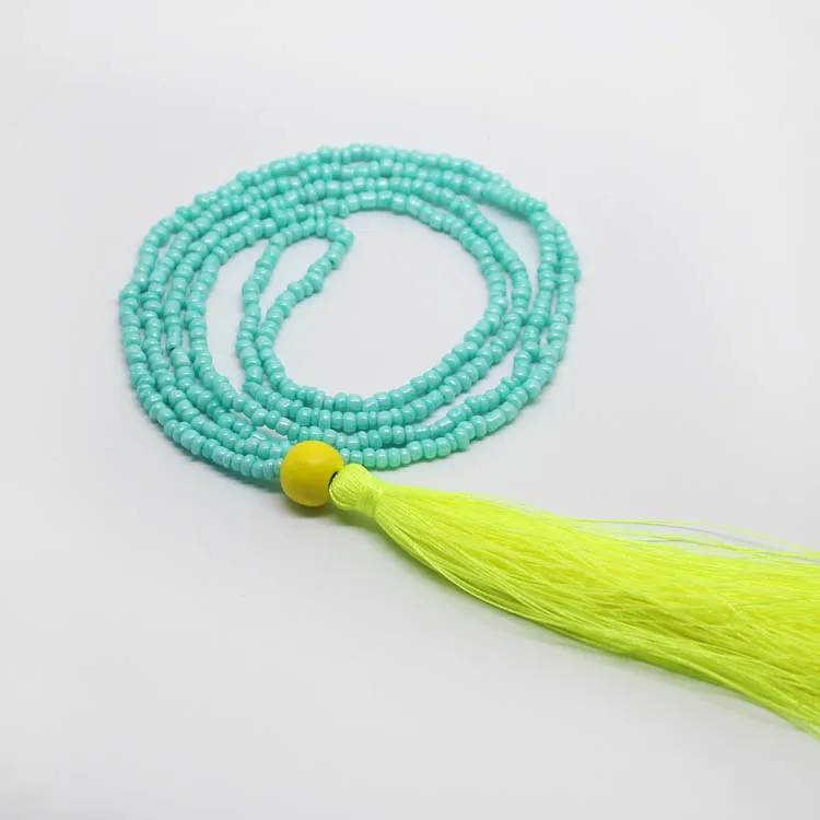 

NE2180 Fashion hand knotted aqua glass seed beads necklace with yellow tassel