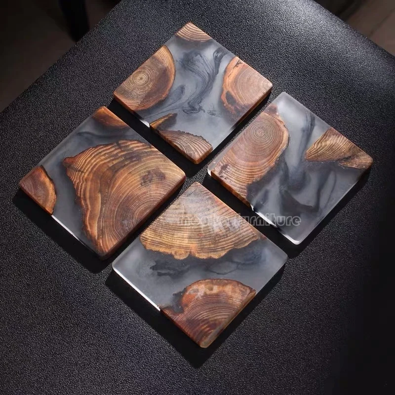 

Ready to ship tea cup coaster set square shaped solid wood epoxy resin coaster, Clear