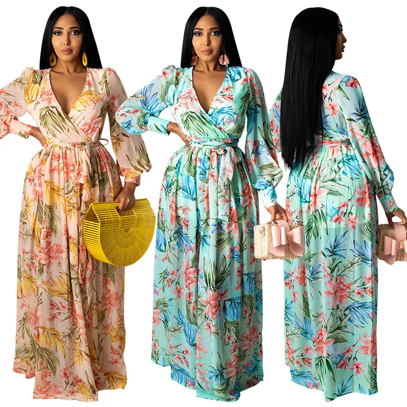 

S to 2XL Autumn new V-neck floral printed maxi pleated dress