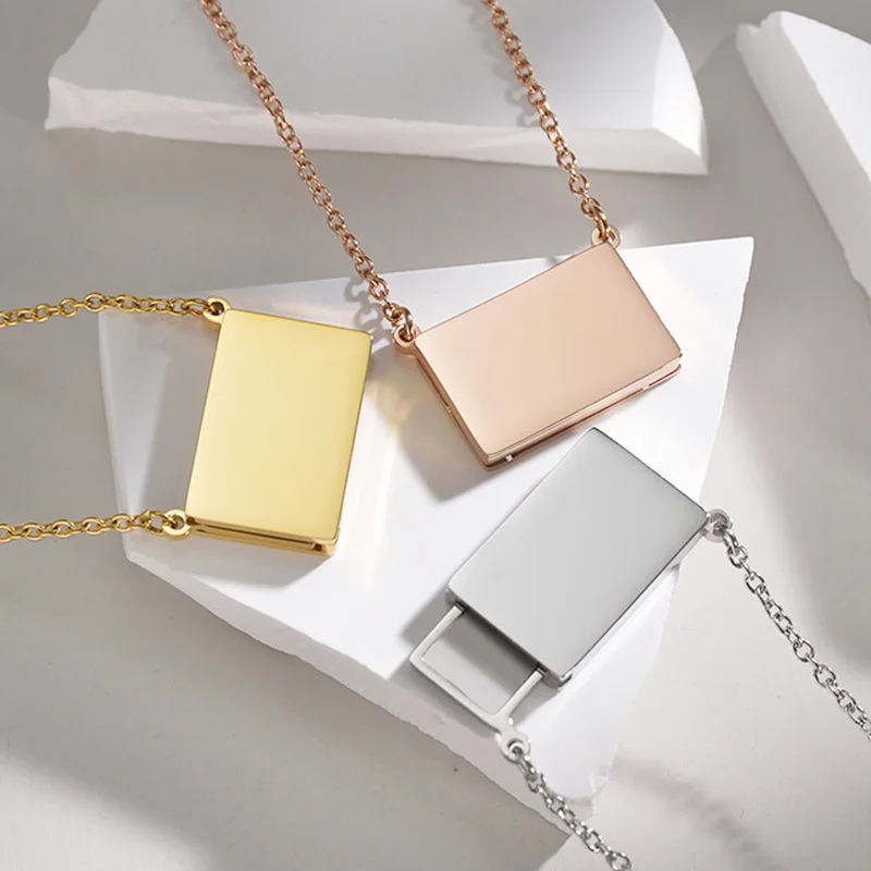 

Ins style creative pull-out envelope pendant necklace simple square stainless steel couple collarbone chain wholesale