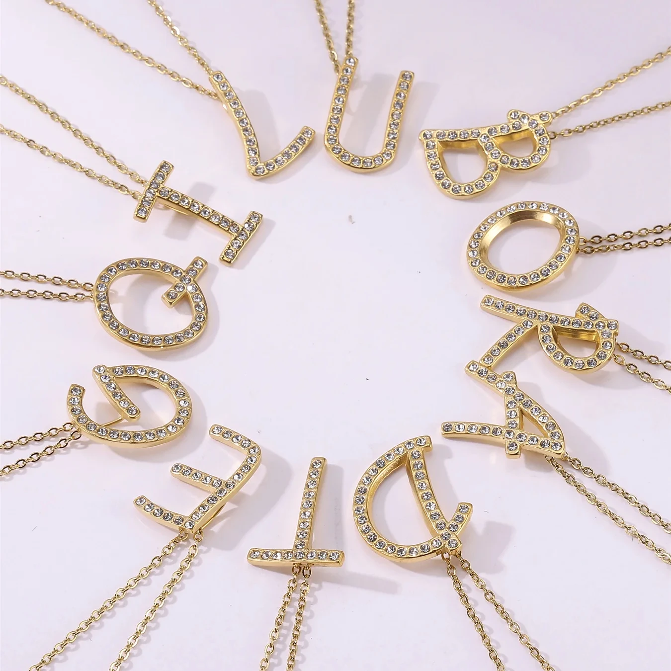 Stock 18k Gold Plated Stainless Steel Letter Necklace With Diamonds Trendy Women's Necklace