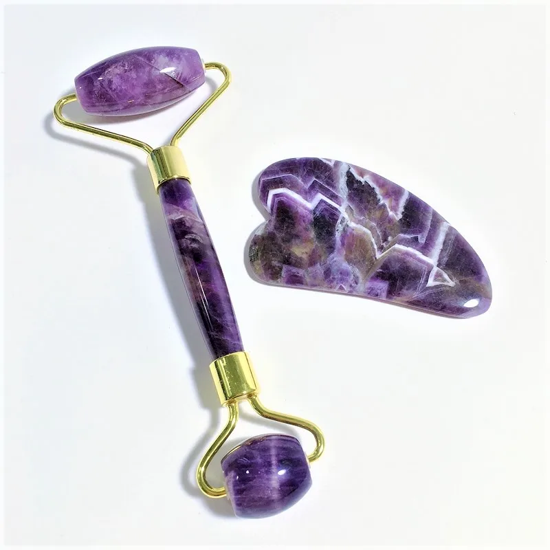 

Noisy free cheap amethyst jade roller gua sha for women beauty skin care massage face beauty equipment, Purple roller gua sha set