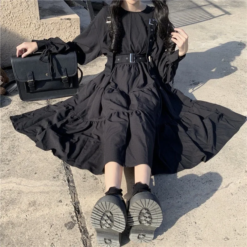 

Gothic Style Dress Women Harajuku Gothic Lolita Kawaii Dress Punk Cute Long Sleeve Black Midi Dress 2021 Emo Mall Goth