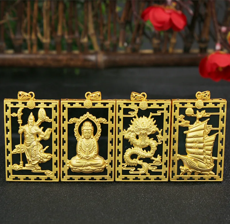 

Certified Law Silver Inlay Hetian Jade Avalokitesvara Buddha Brand Dark Jade Pendant Gold Inlaid With Jade Dragon And Phoenix