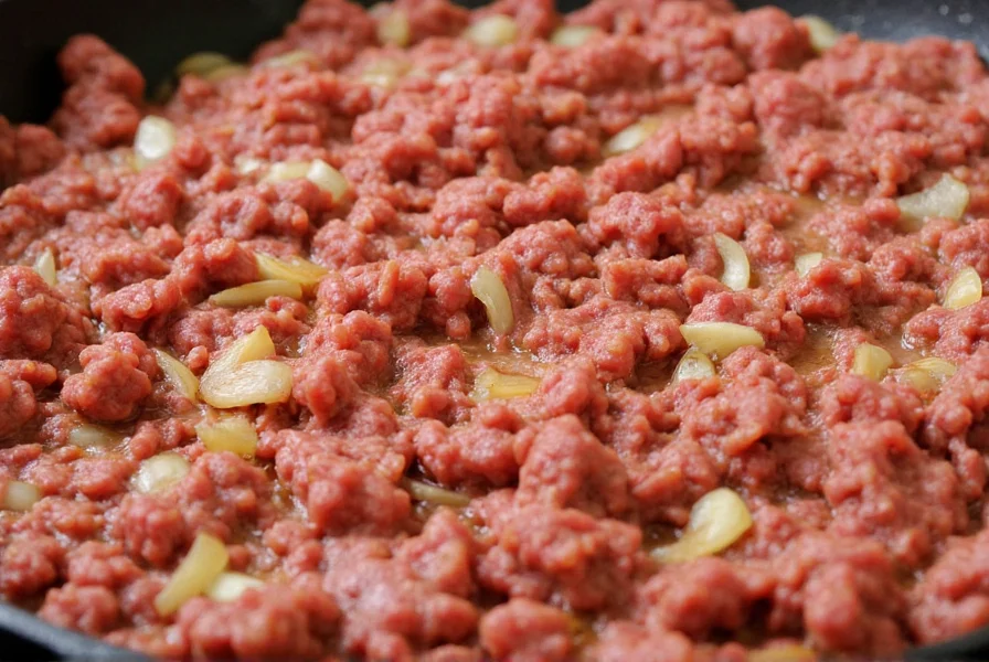Close-up of ground beef browning in a skillet with onions and garlic