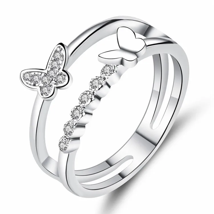 

2022 Best Selling Silver Plated Micro Pave CZ Zirconia Butterfly Rings Double Layer Crystal Rhinestone Butterfly Ring For Women