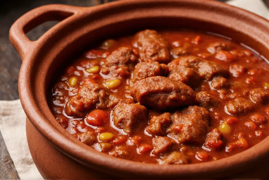 Authentic chili colorado in traditional clay pot showing rich red color and tender beef chunks