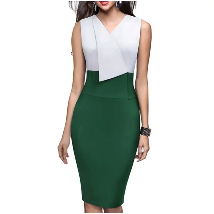 

2021 Woman Clothes Contrast V-Neck Sleeveless Midi Dress Office Clothing