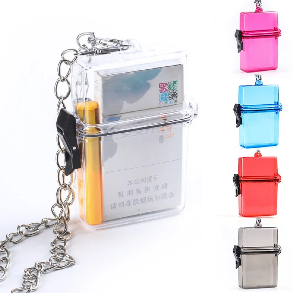 

Acrylic Cigarette Case Sealed Storage Smoke Box with Metal Chain Waterproof Fashion Cigarettes Box Lighter Smoking Accessories, Mix color