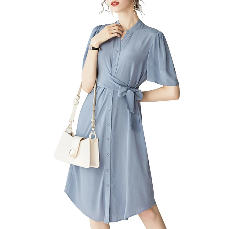 

Wholesale price newest style women summer silk dresses 100% silk maxi dress pure color silk satin dress, White blue