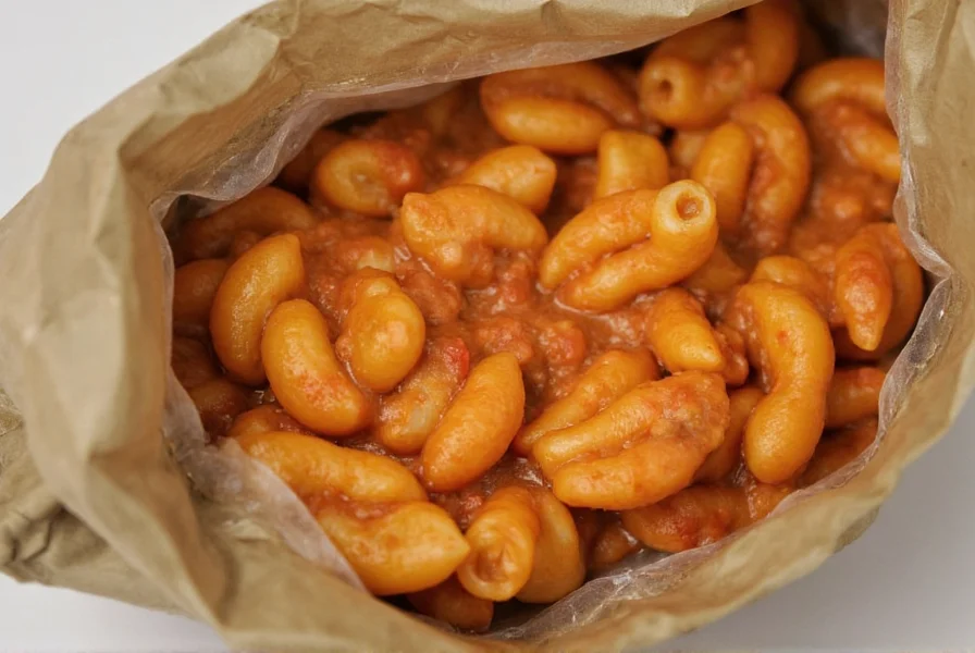 Close-up photograph of opened chili mac MRE showing the texture of the chili and macaroni mixture in the retort pouch
