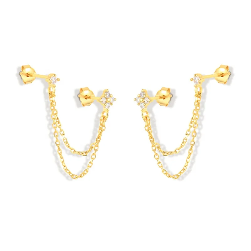 

925 Sterling Silver Four Zirconia Flower Stud Earrings For Women Double Studs Chain Tassel Piercing Ears 18K Gold Plated Jewelry