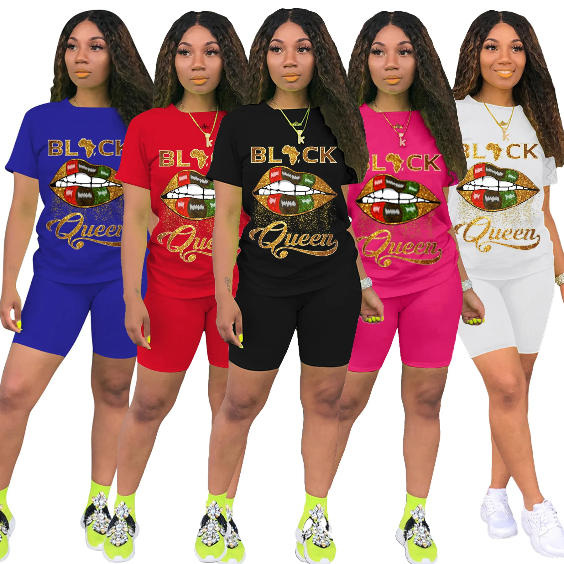 

4XL plus size women black letter printed casual two piece set 2021 trendy summer lip queen printing summer short outfit set, Custom choose