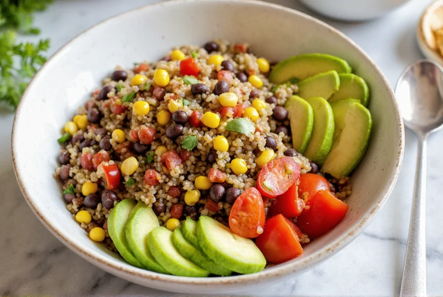 Colorful quinoa bowl with black beans, corn, tomatoes, and avocado slices