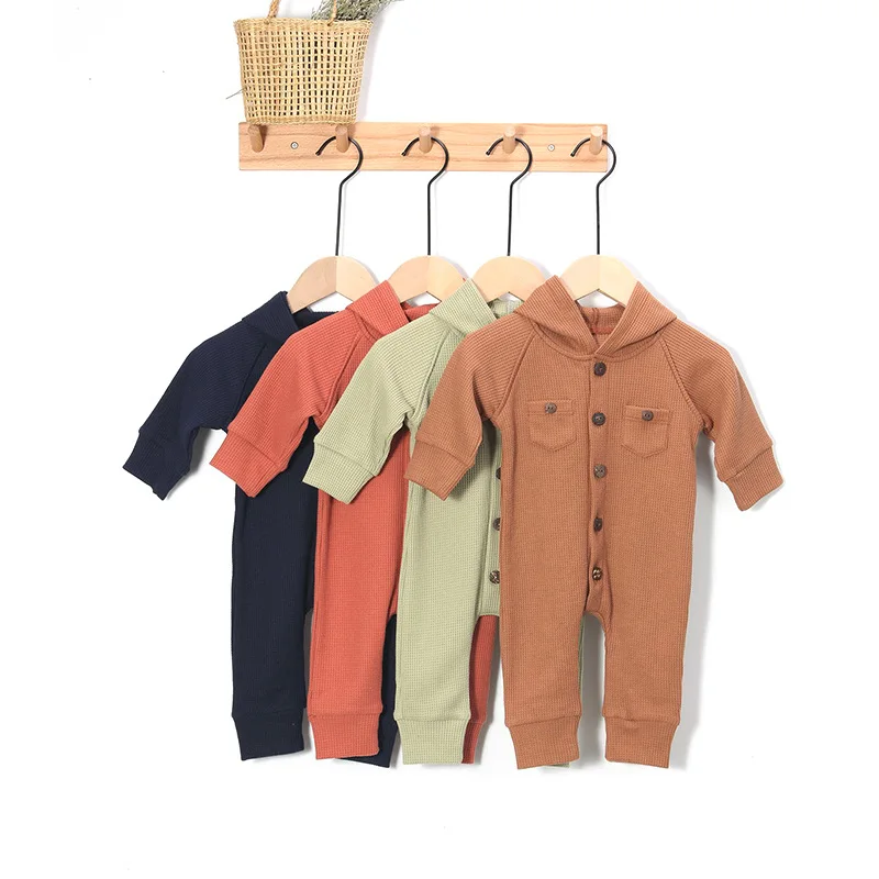 

Hot Sale Autumn Long Sleeve Romper Waffle Hoodie Button Baby Boys Girls Jumpsuit Unisex One Piece Baby Clothes, As show