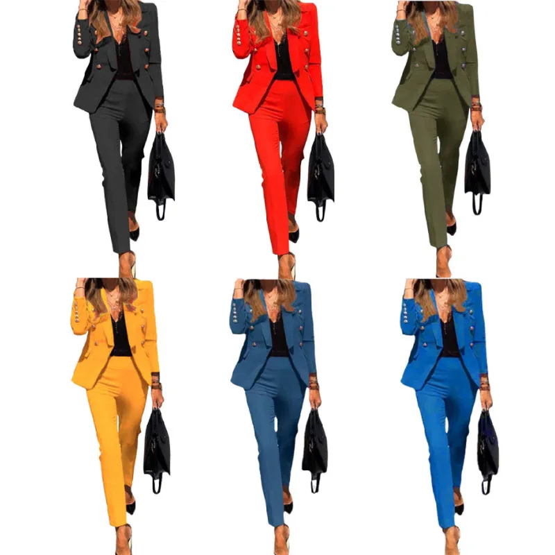 

Long Sleeve Women's Suit Set Button Solid Color Business Pants Blazer Office Career Wear Women's Suits Tuxedo, Customized color