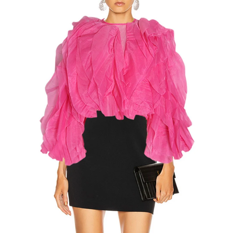 

CHICEVER Elegant Patchwork Ruffles Chiffon Blouses Ladies Lantern Long Sleeve Loose Shirt Women Clothing 2020 Fashion