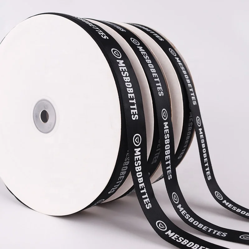 DingCheng 2.5cm Black Polyester Ribbon Custom White Personalized Printed Logo Ribbon