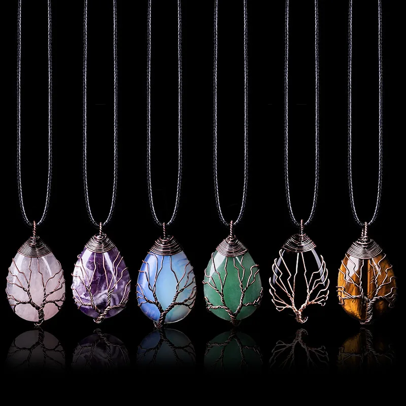 

Valentines Day Fashion Wire Winding Tree of Life Teardrop Natural Stone Pendants Necklace for Women, Silver