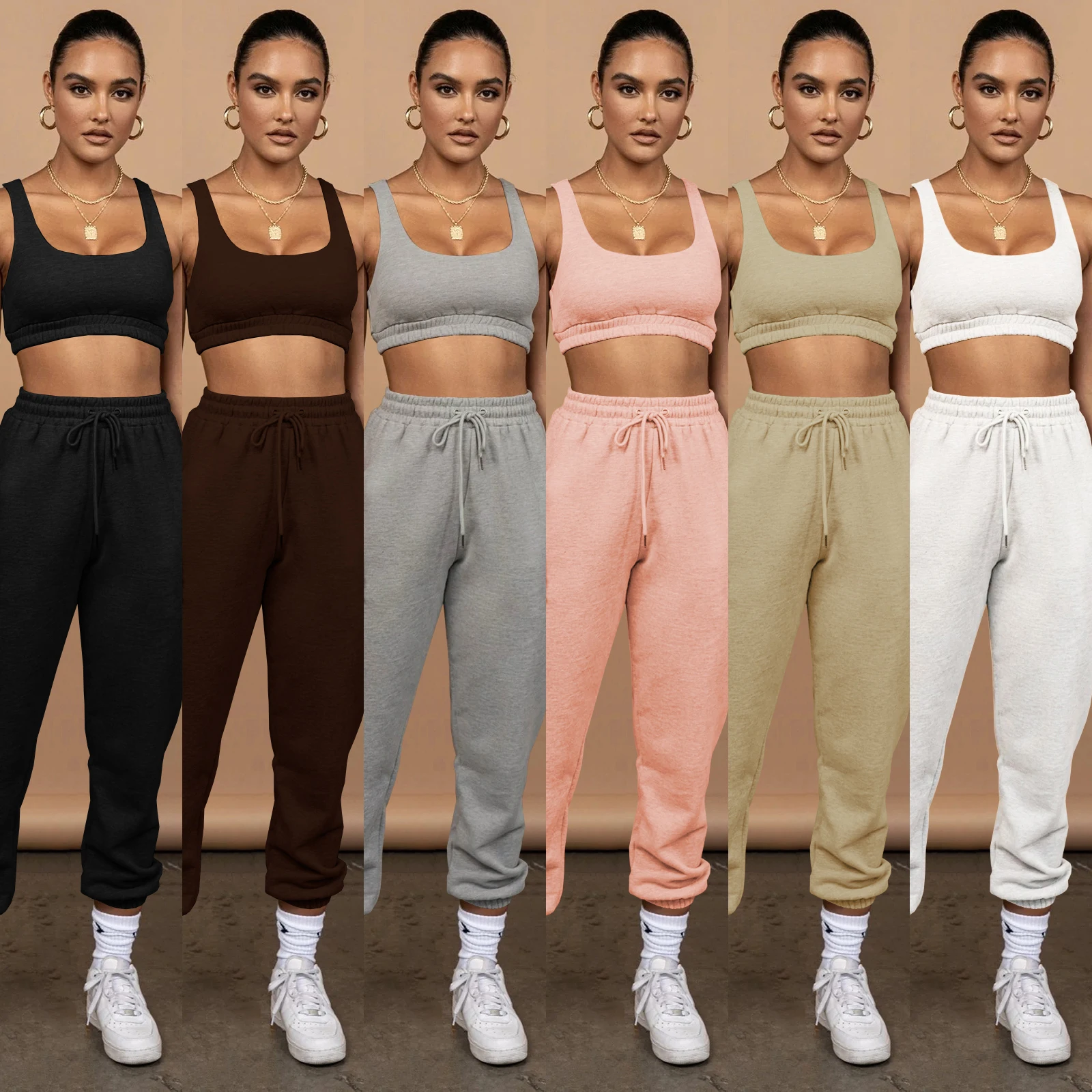 

High Quality Custom Joggers 2 Piece Crop Tops Two Piece Pants Set Workout Cotton Biker Shorts 2 Piece Sets Women, As shown