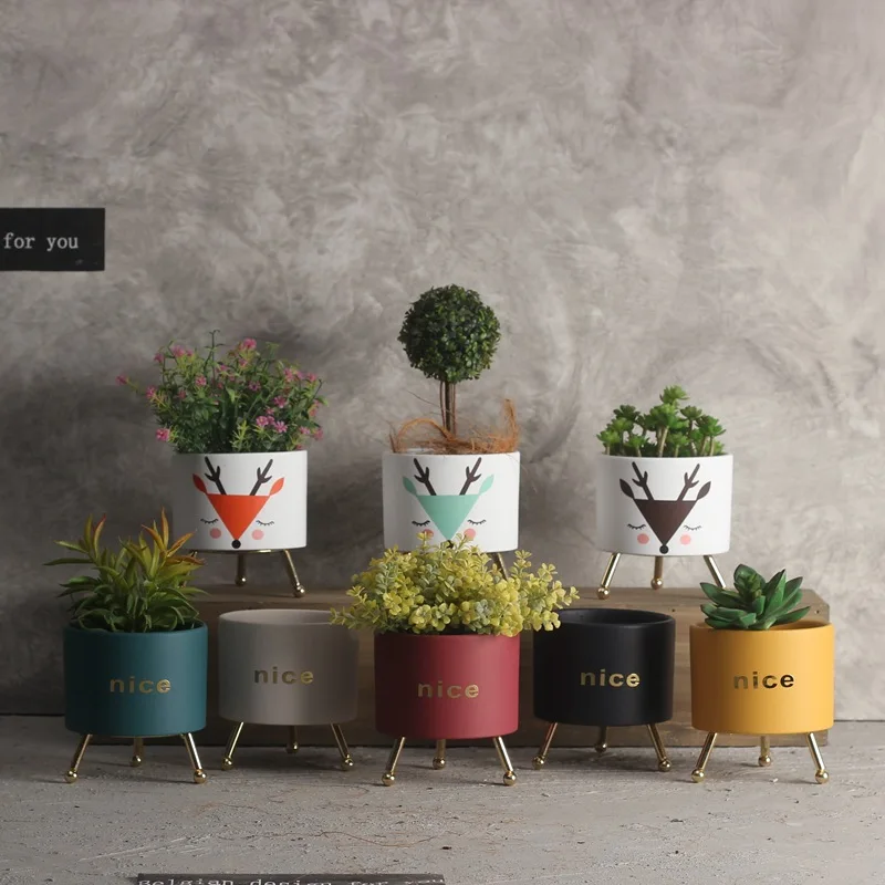 

Home decorative modern ceramic pots for indoor plants with iron stand cute planter, 8colors