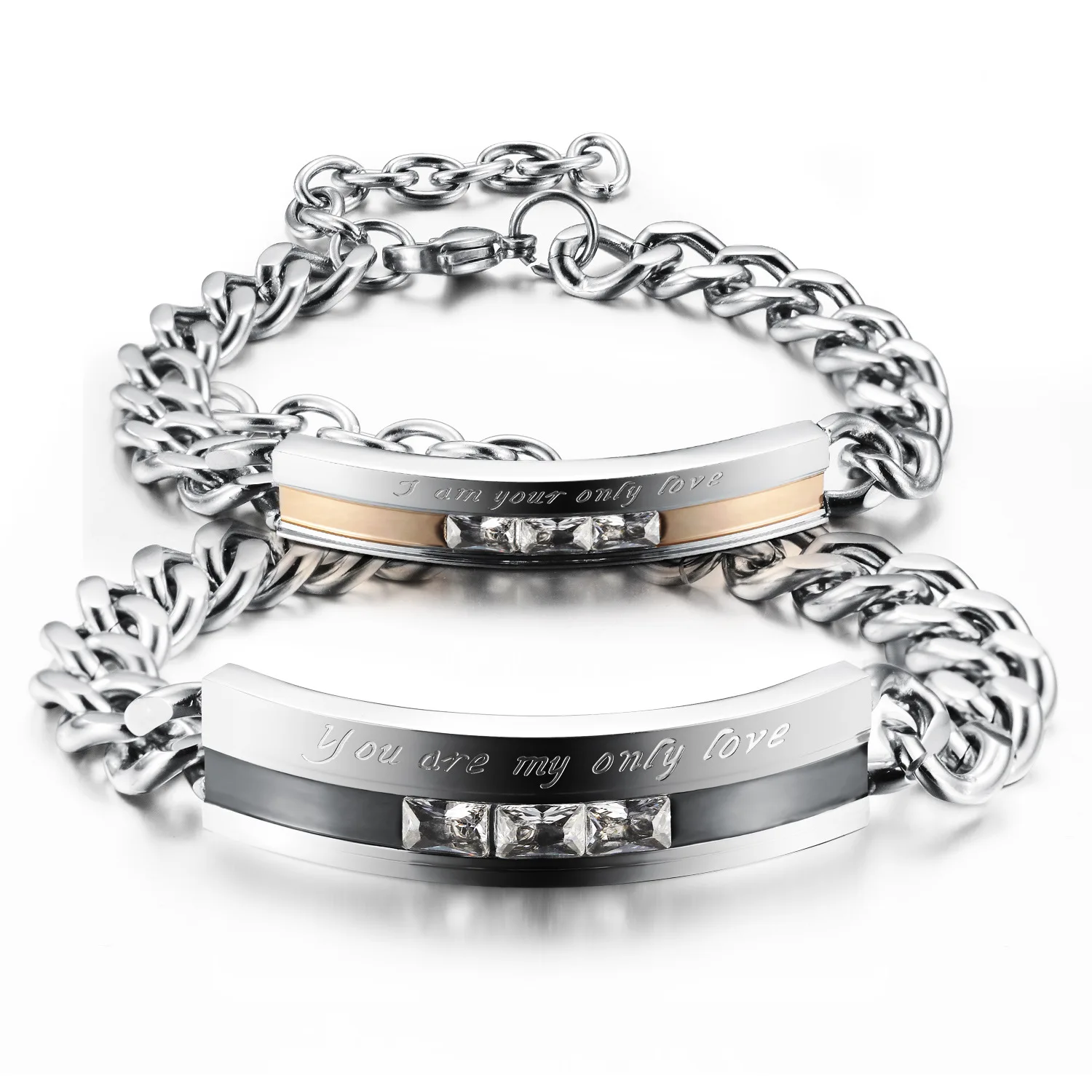 

Valentine Romance Stainless Steel Link Chain Crystal Engraved Sentence Couple Bracelet For Lovers