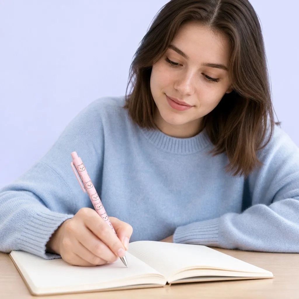 Young woman writing in a notebook with a pink bear pattern pen