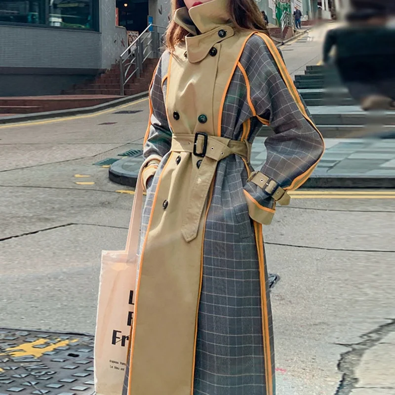 

OUDINA Fashion Casual Denim Patchwork Windbreaker Long Jacket For Women's Trench Coats