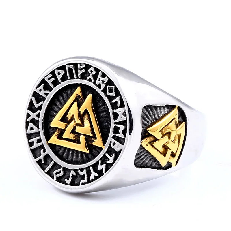 

SS8-710R steel soldier Nordic triangle viking thor hammer amulet ring part gold stainless steel men fashion jewelry gift