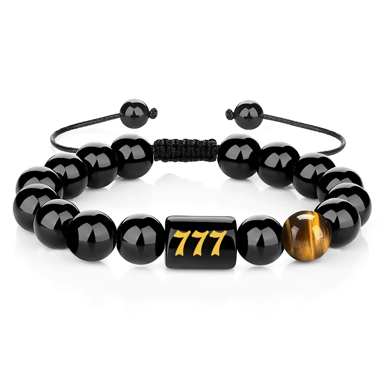 

Angel Number Tripple 777 Tiger Eye Natural Black Onyx Stones Beads Bracelet for Women Men