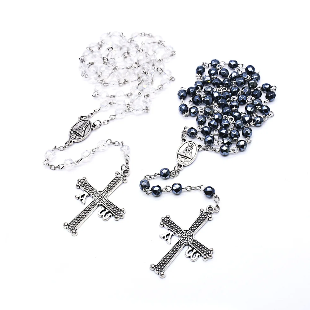 

2021 Komi Wholesale Catholic Decade Crystal Beads Crucifix Cross Virgin Mary Pendant Rosary Necklace