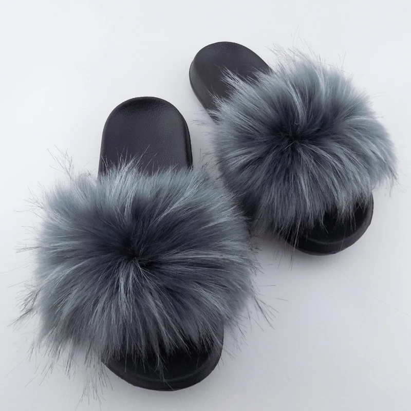 

girls PVC flat fluffy fur slides slipper sandals for women and ladies