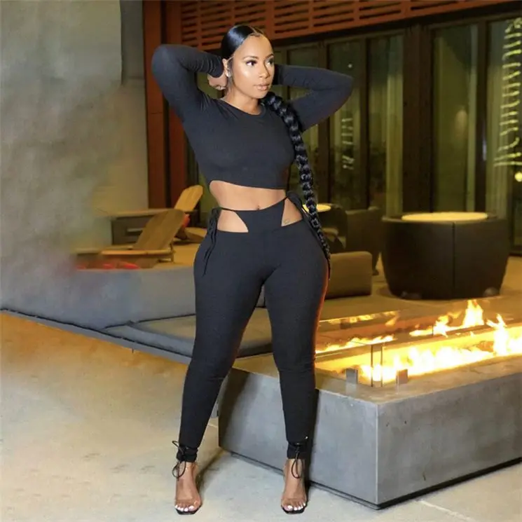 

M623- spring 2021women sexy long sleeve crop top cut out 2 piece set women clothing
