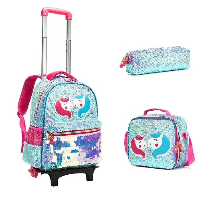 

unicorn backpack schoolbag for girls kds boys cute sequin detachable trolley backpack 3 pcs children school bags sets, Customized