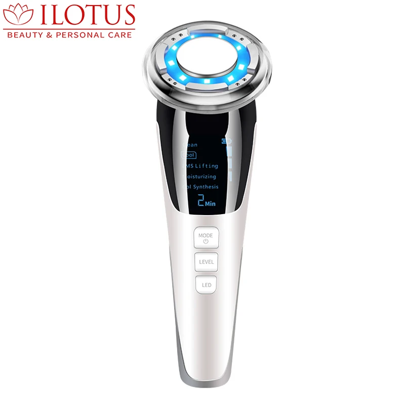 

New Arrival LED EMS Electric Hot Cold Vibrating Ultrasonic Facial Massager Tool, White, pink