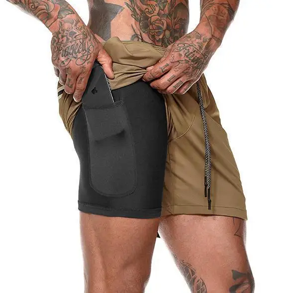 

Wholesale High Elasticity Breathable Fitness Training Jogging Pocket Running Shorts With Inner Compression Shorts For Men