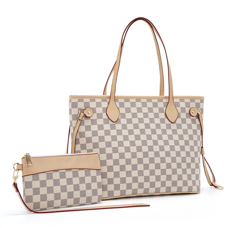 

Wholesale custom purses and handbags for ladies pvc fabric plaid printing design women branded hand bags set, Beige