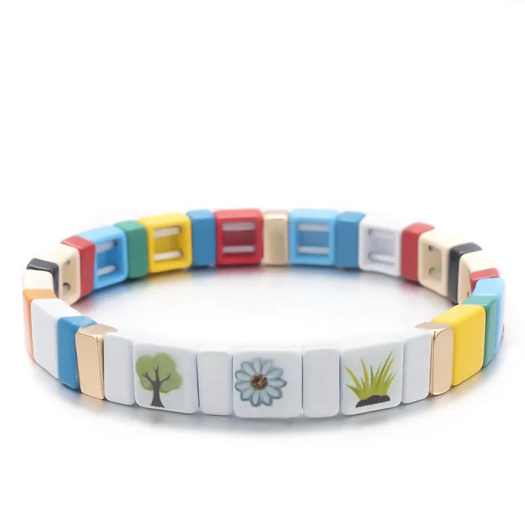 

Popular Rainbow Tile Enamel Stackable Cute Printing Handmade Stretch Colorful Alloy Enamel Bracelet