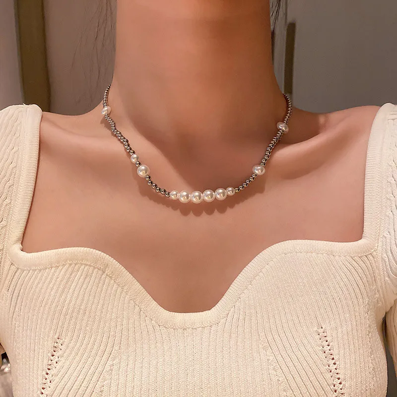 

Cool Titanium Steel Pearl Beaded Chains Splicing Necklace Collares For Women Statement Wedding Boho Trendy Choker Necklaces, Silver color