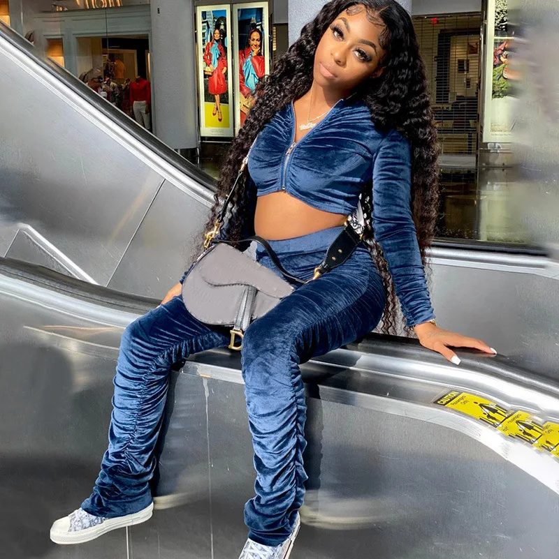 

Hooded Zip Up Top And Stacked Pants Lounge Sets Long Sleeve Women Autumn Winter Fashion Casual Skinny Two Piece Sweatsuit