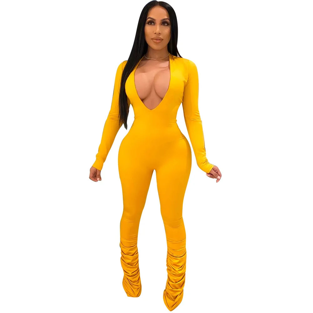 

9S4U 2020 Women Fall Clothing Trendy Bodycon Long Sleeve Plus Size One Piece Jumpsuits Solid color V-neck tight all-in-one pants, Customized color