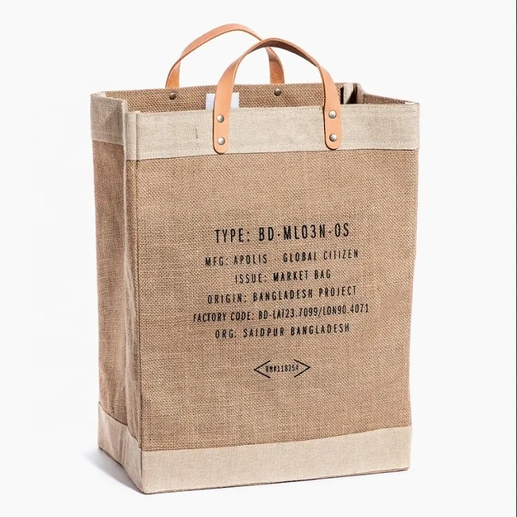 

Natural eco friendly shopping custom printing burlap jute bag with leather handle, Customized color