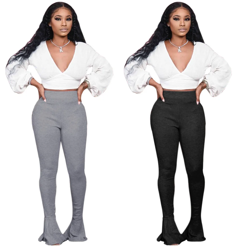 

N19 Deep V long sleeves slim fit flared trousers two piece suit Tracksuit Pant Set Trendy Solid Color Women Clothes