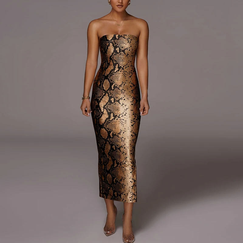 

Women Leather Dress 2020 Sexy Strapless Pu Leather Bodycon Python Print Backless Sleeveless Club Midi Dresses, Gold,red,blue