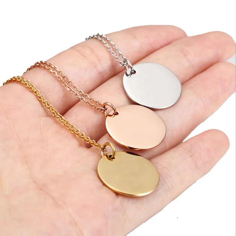 

JDP079-2 High polish Blanks Tags 18mm Round Pendants with chain 316L Stainless steel Necklace jewels charms