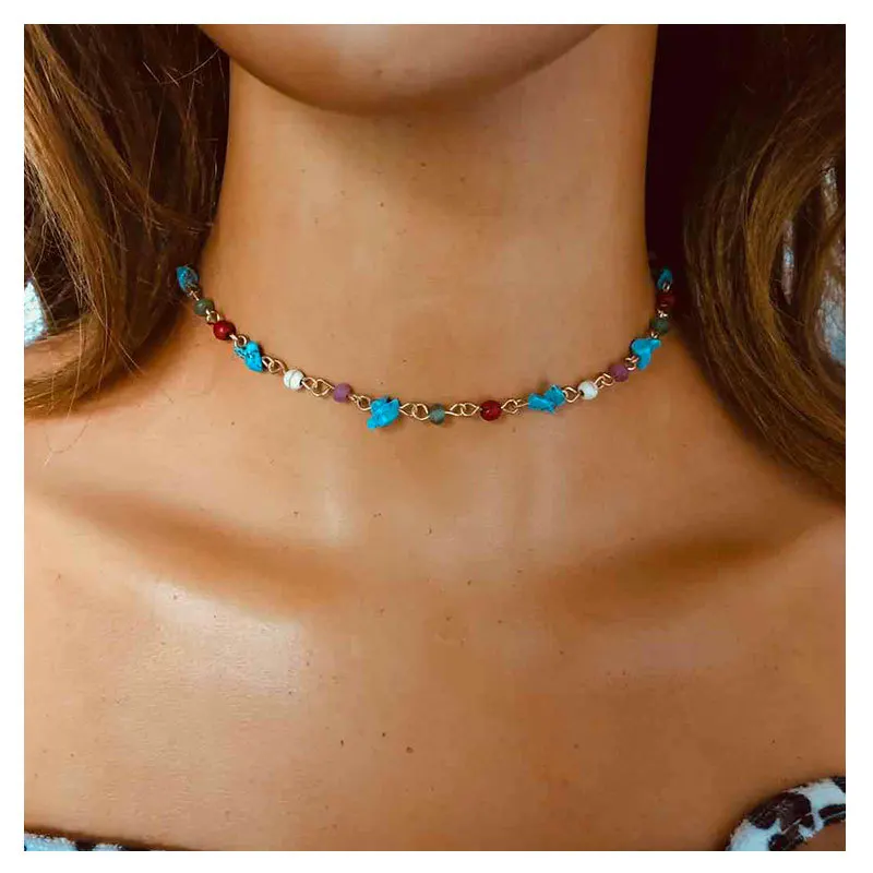 

Simple European Colorful Stone Pendant Necklace Retro Hand Made Irregular Stone Beads Choker Necklace For Girl
